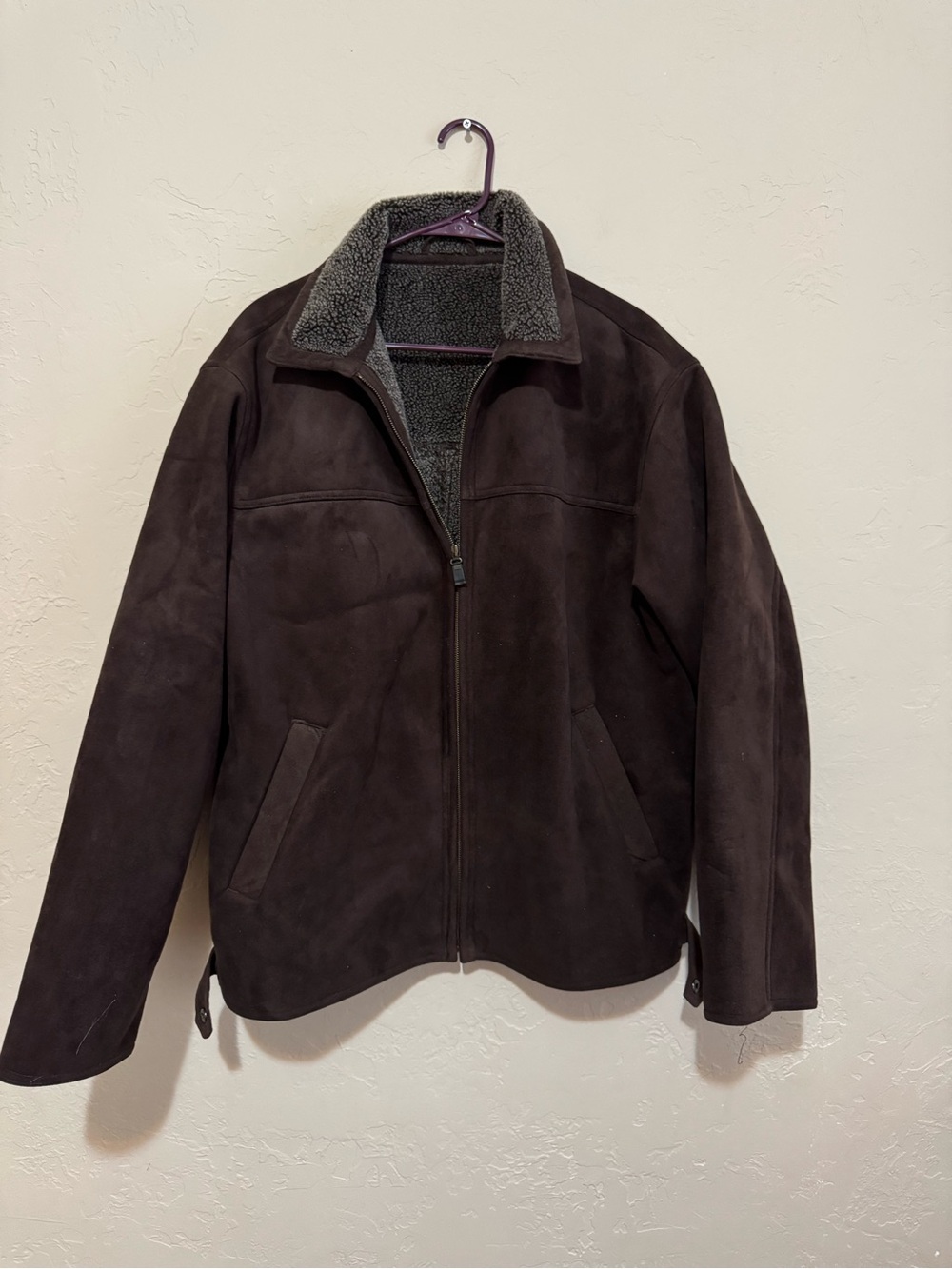 Men's Dark Brown Suede Bomber Jacket with Sherpa Lining